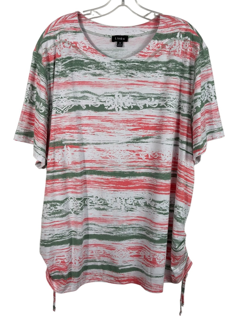 Links Plus Size Pink Green Ruched Side Short Sleeve Boat Neck Top 3X Mature 3XL